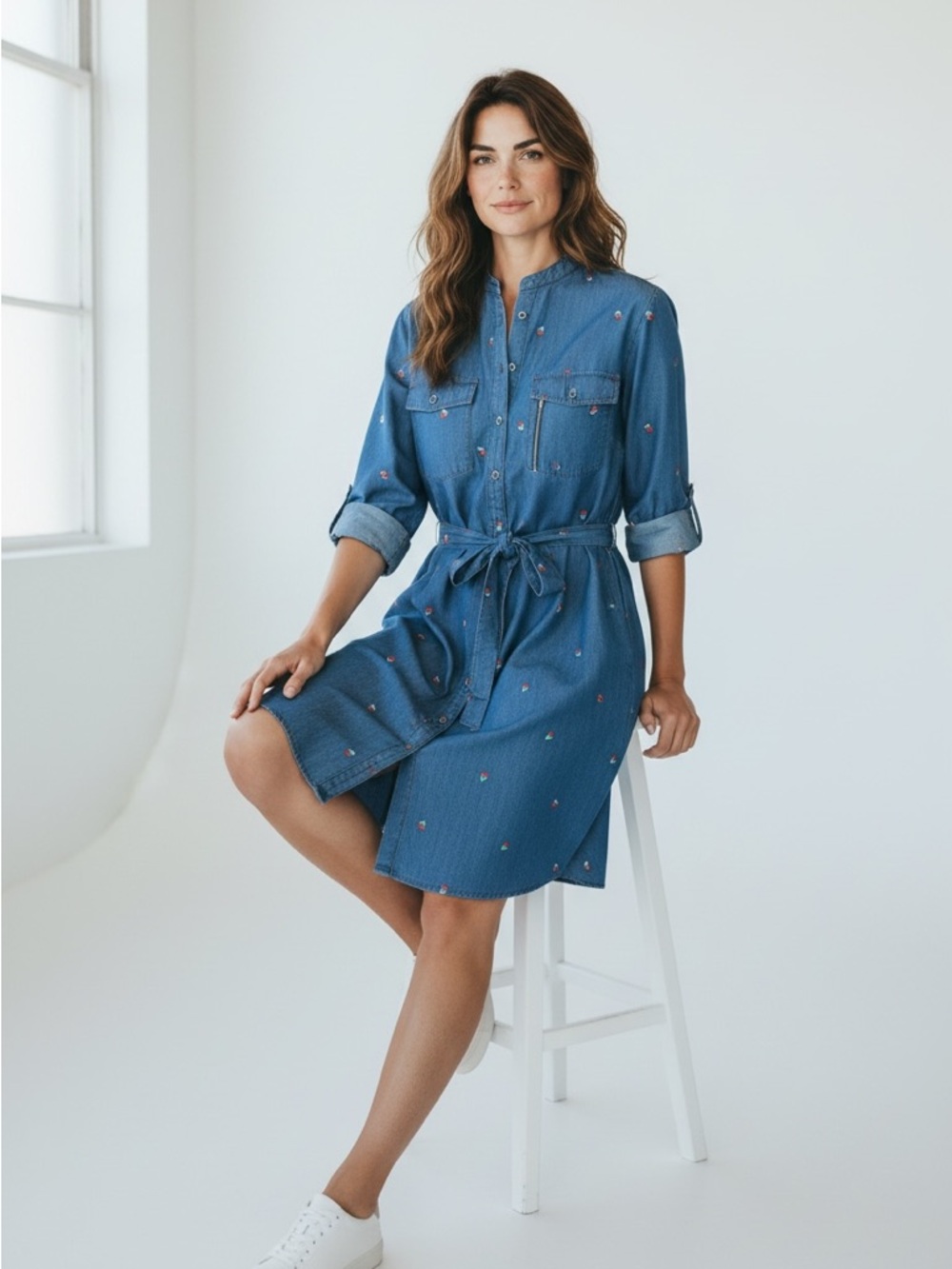 NWT Embroidered cherry 🍒 Blue Light Denim Shirt Dress with Tie Belt
